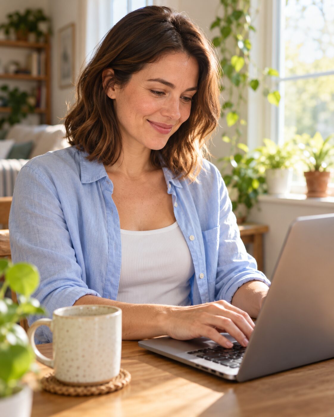 A woman chatting online from her laptop