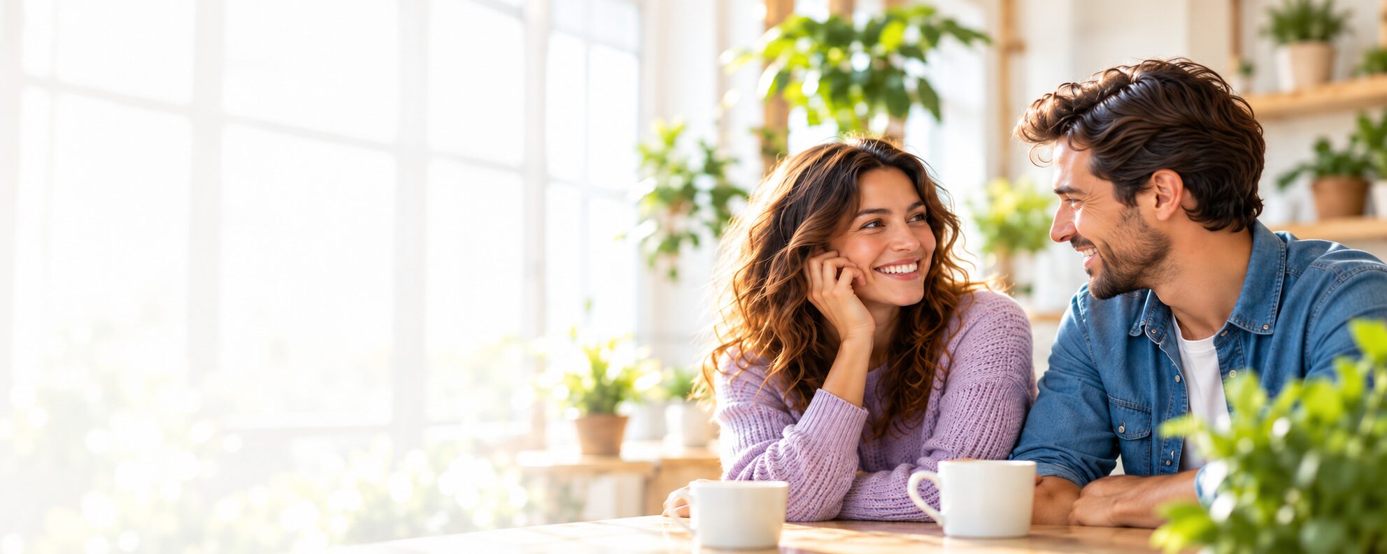 A smiling couple enjoying a conversation in a bright café