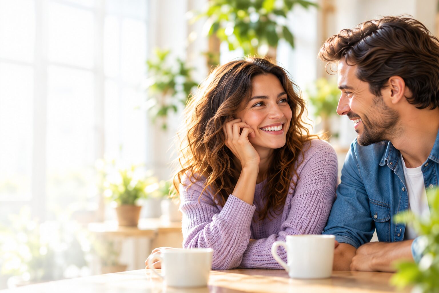 A smiling couple enjoying a conversation in a bright café